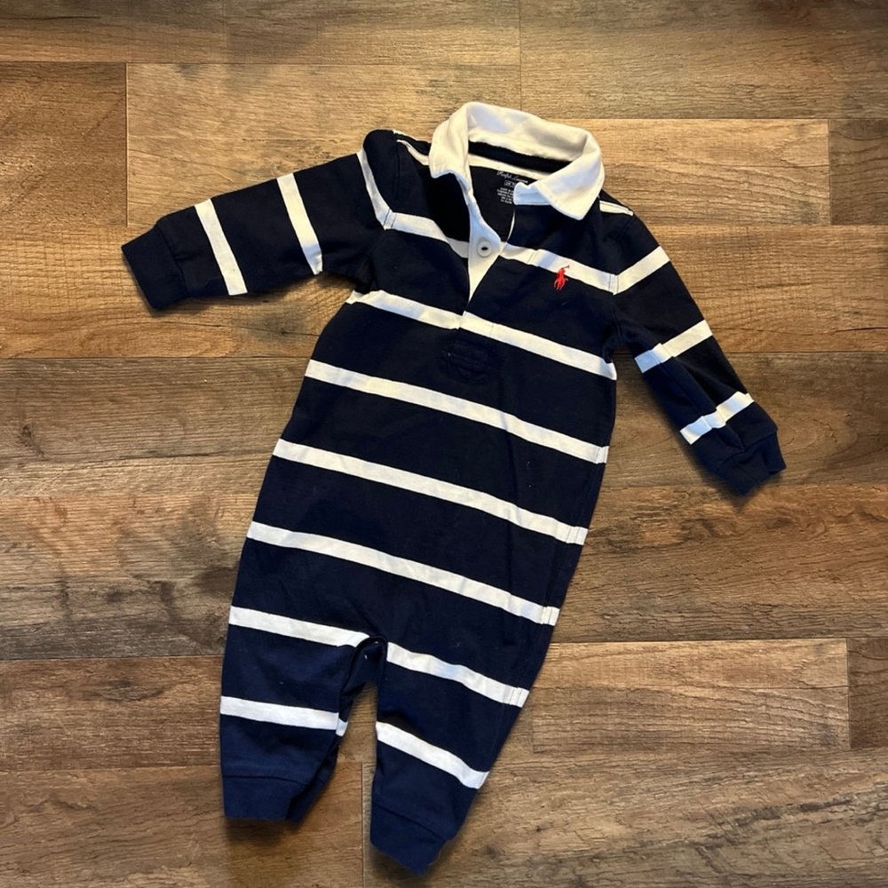 Polo by Ralph Lauren Navy and White Baby Rugby one piece 6-9 months